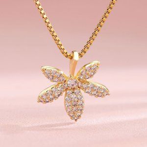 3/$35 18K Gold Plated Leaf Flower Zirconia Pendant Chain Necklace Jewelry